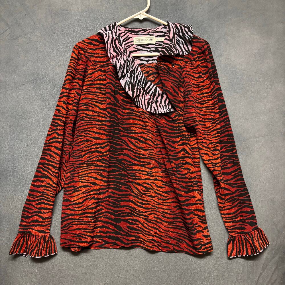 Kenzo x H&M Blouse Tiger Stripe Ruffle Silk Sz 4 Flip Cuff Collar Animal Print